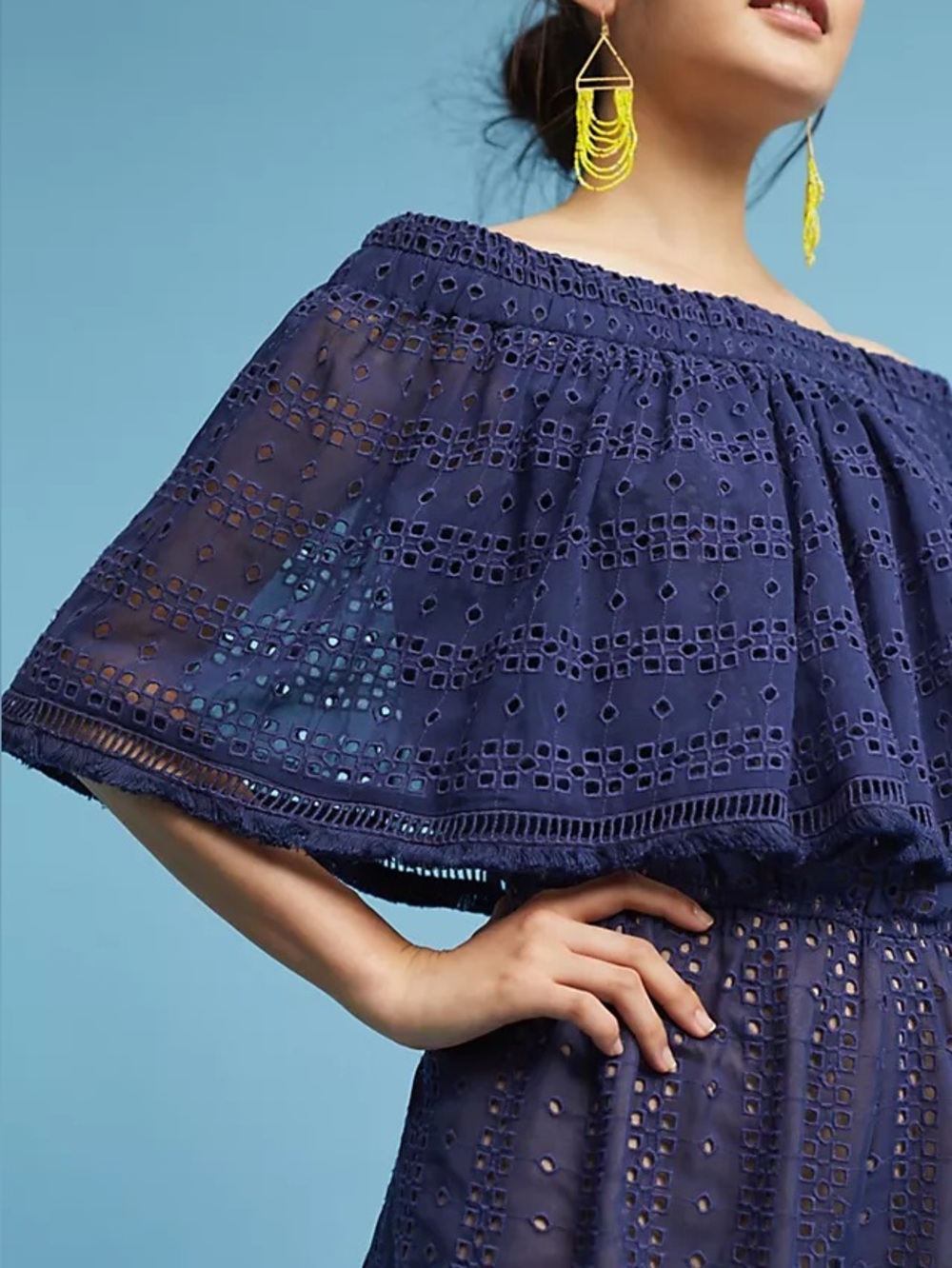 NWT Anthropologie Ranna Gill Tiered Eyelet Off Shoulder Romper S Navy